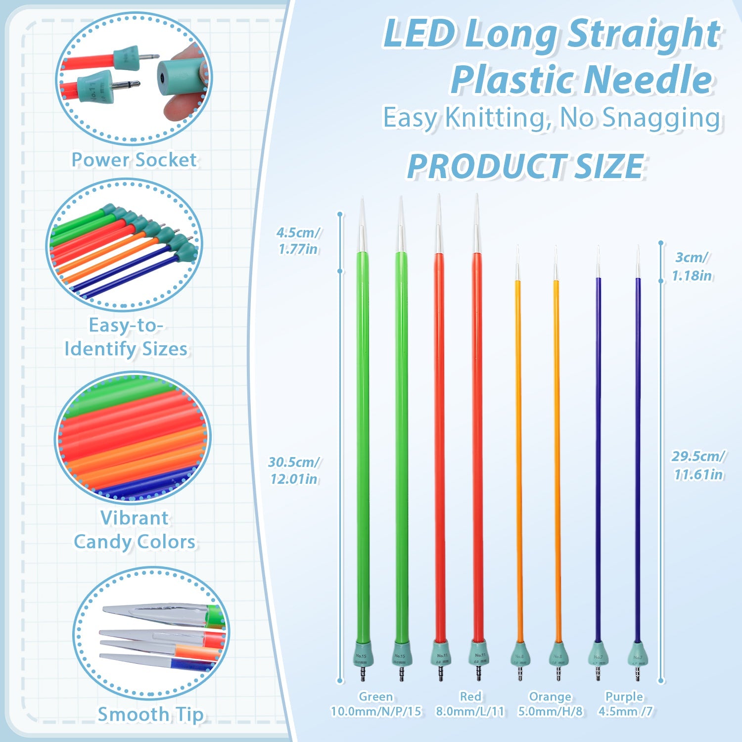 Yarniss Light Up Knitting Needles Set with Case, 4 Pairs Rechargeable Knitting Needle with 2 Replacement Light Heads 4.5mm 5.0mm 8.0mm 10.mm