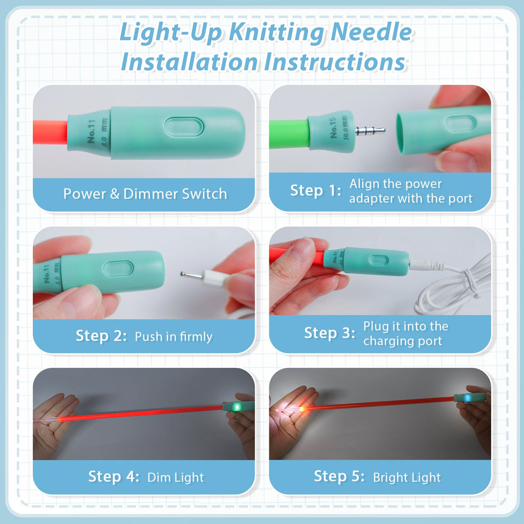 Yarniss Light Up Knitting Needles Set with Case, 4 Pairs Rechargeable Knitting Needle with 2 Replacement Light Heads 4.5mm 5.0mm 8.0mm 10.mm