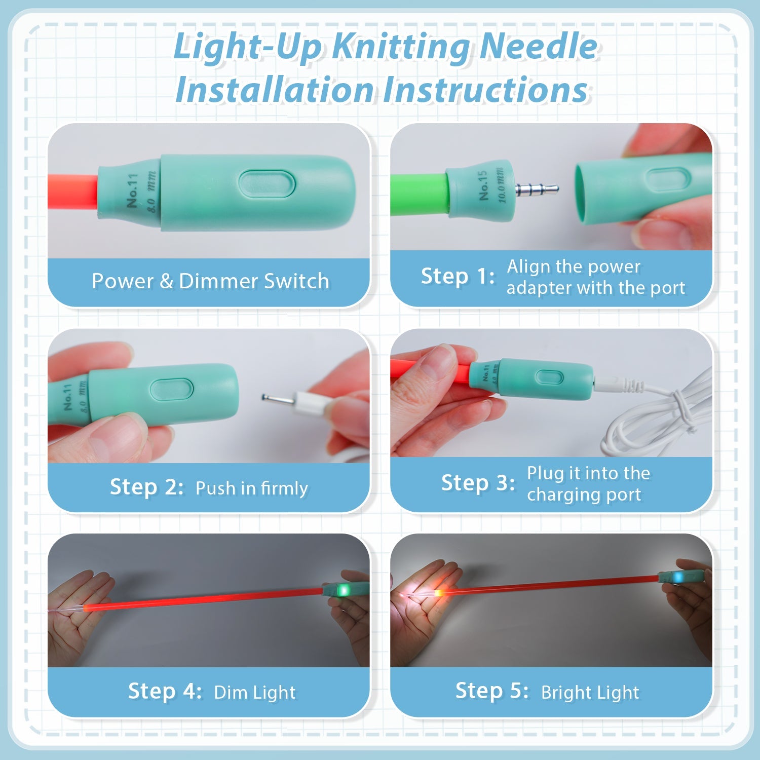Yarniss Light Up Knitting Needles Set with Case, 4 Pairs Rechargeable Knitting Needle with 2 Replacement Light Heads 4.5mm 5.0mm 8.0mm 10.mm