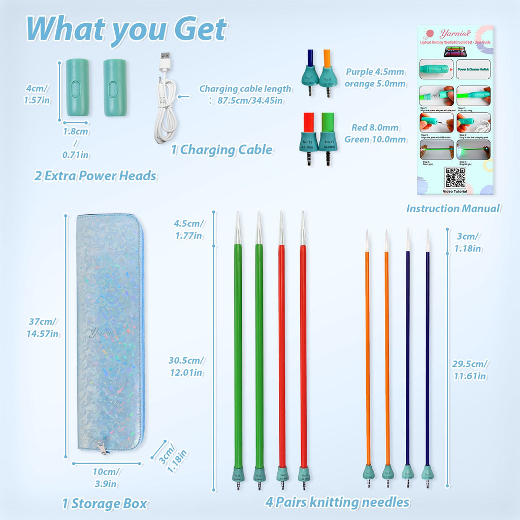 Yarniss Light Up Knitting Needles Set with Case, 4 Pairs Rechargeable Knitting Needle with 2 Replacement Light Heads 4.5mm 5.0mm 8.0mm 10.mm