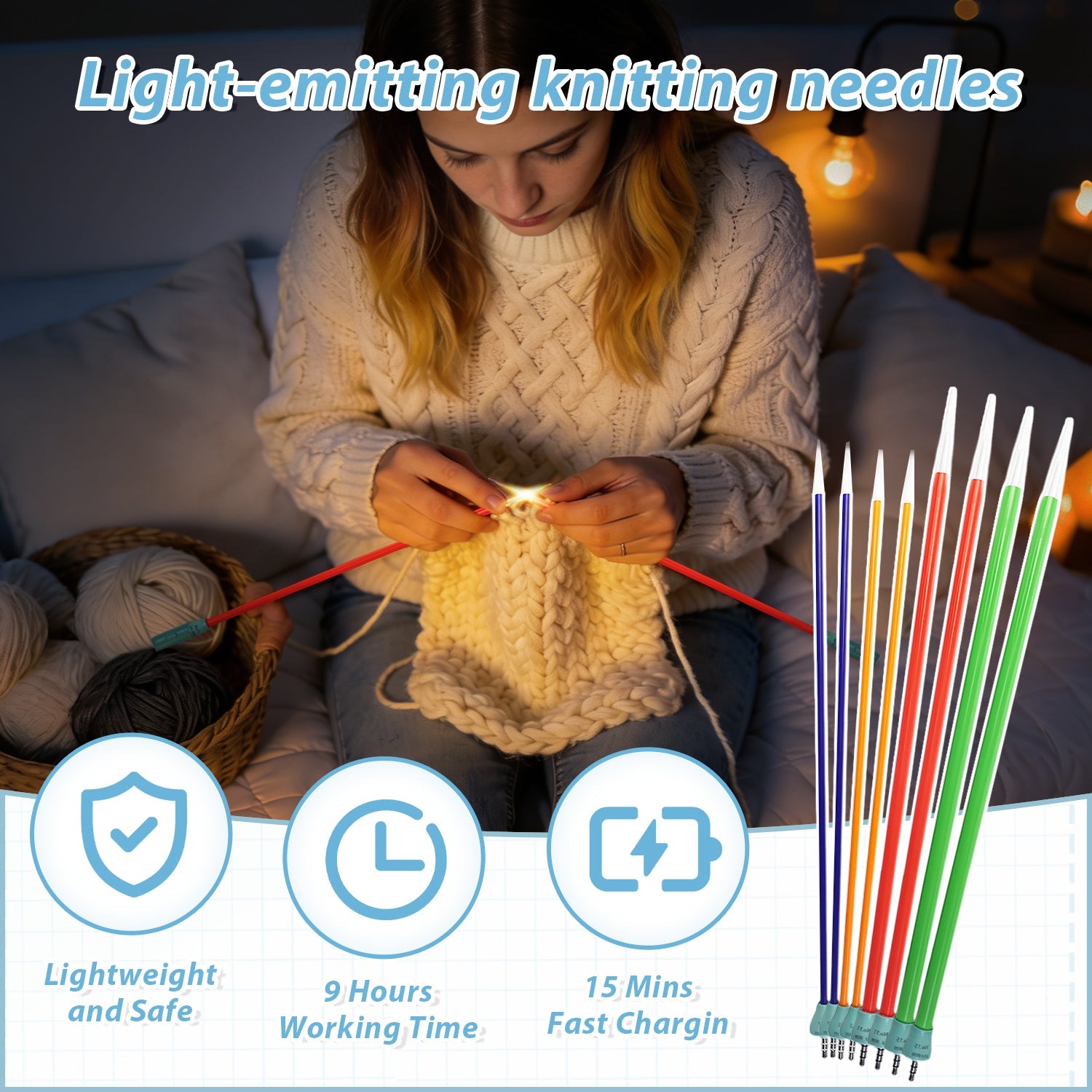 Yarniss Light Up Knitting Needles Set with Case, 4 Pairs Rechargeable Knitting Needle with 2 Replacement Light Heads 4.5mm 5.0mm 8.0mm 10.mm