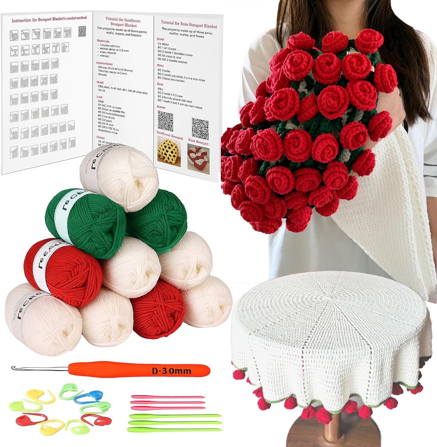 Yarniss DIY Crochet Rose Bouquet Blanket Kit, All-Inclusive 70cm Handmade Craft Kit with Yarn, Hooks & Patterns Materials Pack of Floral Blanket for Craft Lovers