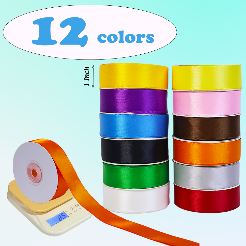 Yarniss 1 Inch Satin Ribbon Assorted Colors 12 Rolls 300 Yards - 25 Yards/Roll, Ribbons for Crafts Party Wedding Decor