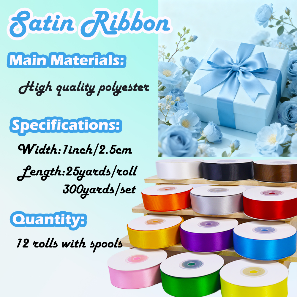 Yarniss 1 Inch Satin Ribbon Assorted Colors 12 Rolls 300 Yards - 25 Yards/Roll, Ribbons for Crafts Party Wedding Decor