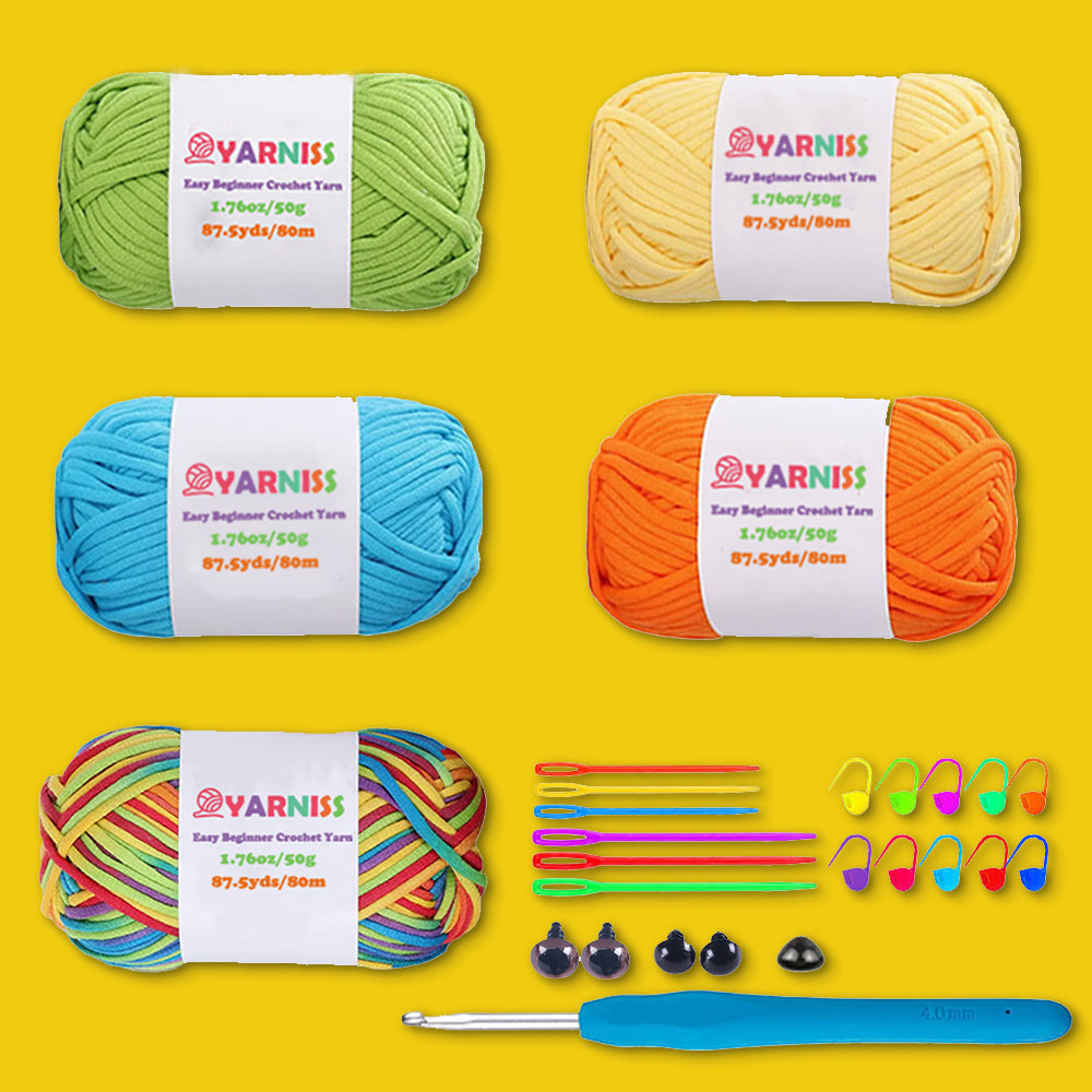 Yarniss Beginner Crochet Yarn – 5-Color Pack with Hook & Tools