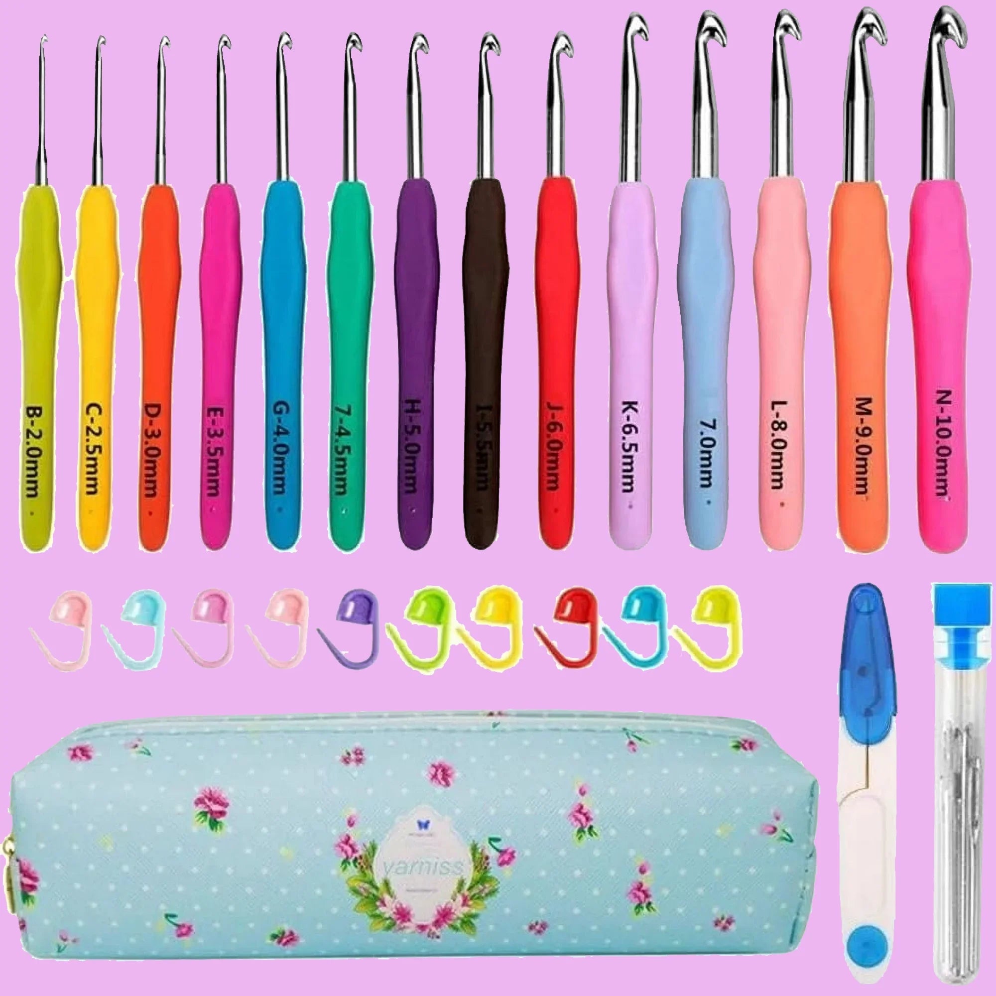 Yarniss 14 Size Crochet Hooks 2.0mm(B)-10.mm(N), Crochet Hook with Ergonomic Soft Grip