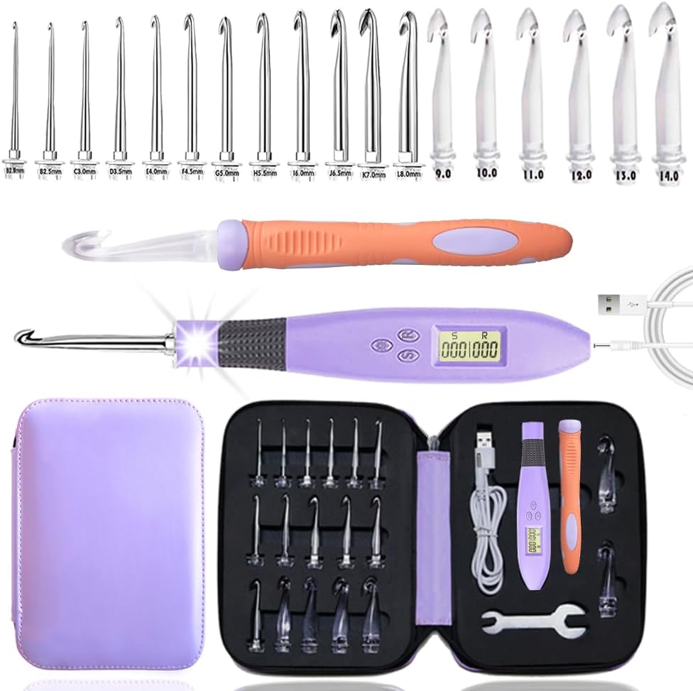 Yarniss 17 Size Lighted Crochet Hooks Set 2.5 mm to 14.0 mm, Plastic&Metal Rechargeable Light Up Crochet Hooks with Case