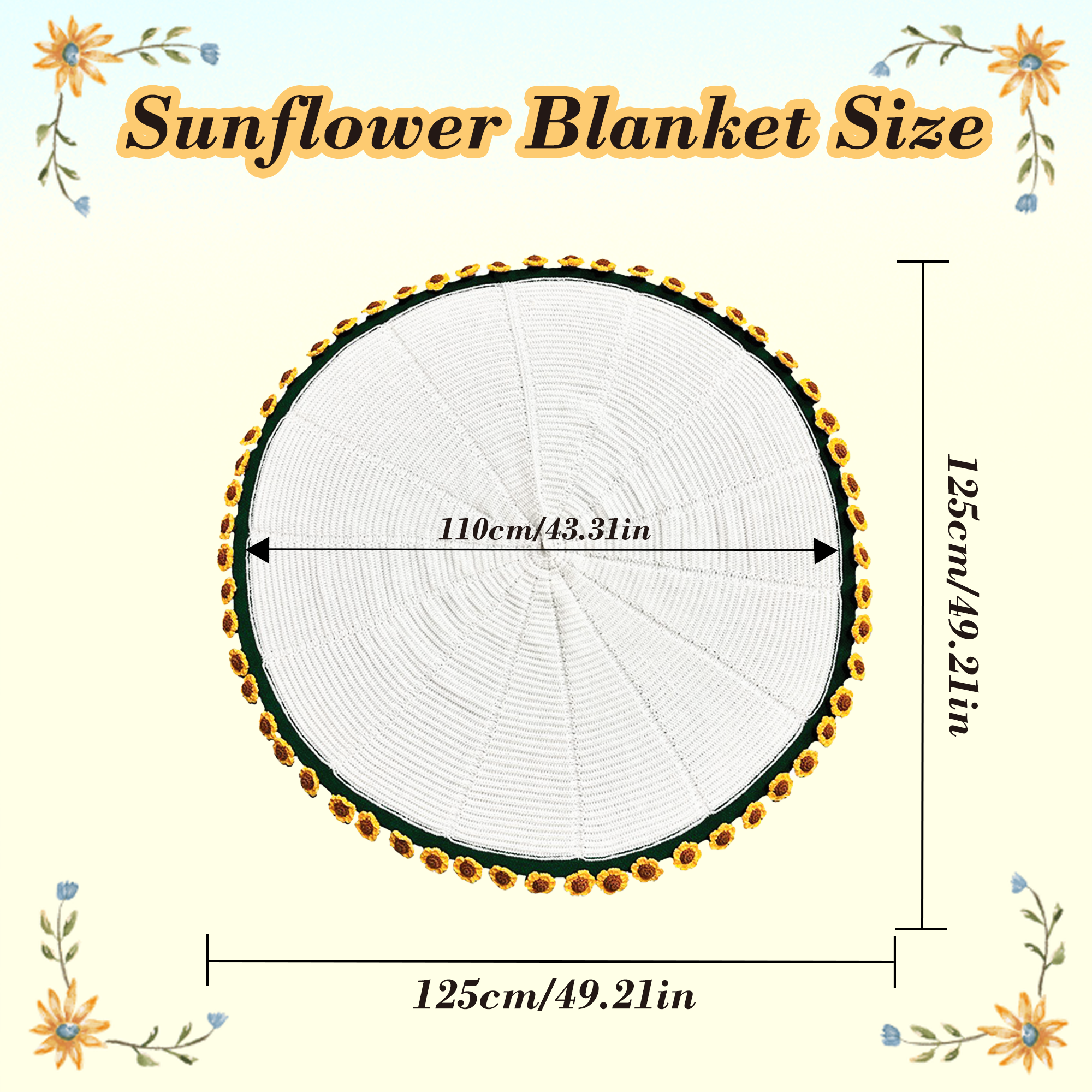 Yarniss Finished Crochet Sunflower Bouquet Blanket,49 Inch Round Sunflower Floral Knitted Gift,Hand Crocheting Blanket(52pcs Petals)