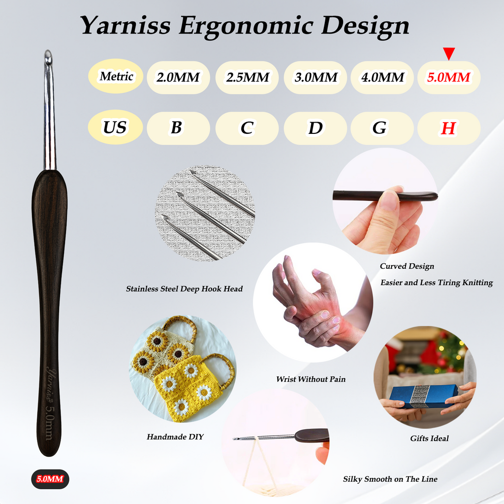 Yarniss 2.0 mm-5.0 mm Ergonomic Crochet Hook, Hand-Polished Crochet Hook, Suitable for Beginners and Experienced Enthusiasts