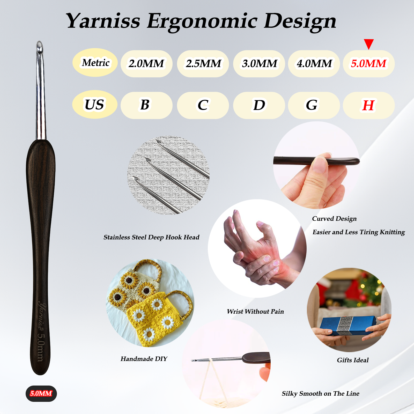 Yarniss 2.0 mm-5.0 mm Ergonomic Crochet Hook, Hand-Polished Crochet Hook, Suitable for Beginners and Experienced Enthusiasts
