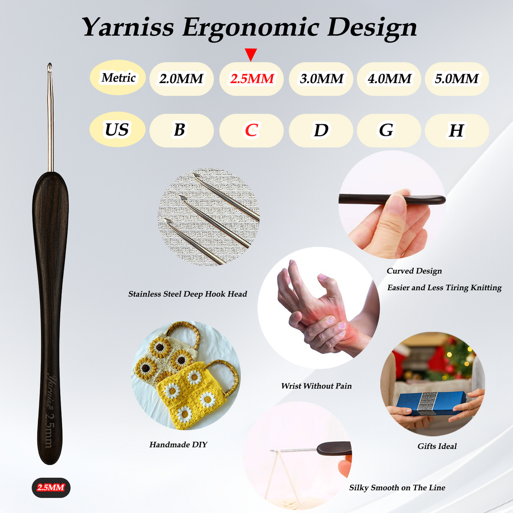 Yarniss 2.0 mm-5.0 mm Ergonomic Crochet Hook, Hand-Polished Crochet Hook, Suitable for Beginners and Experienced Enthusiasts