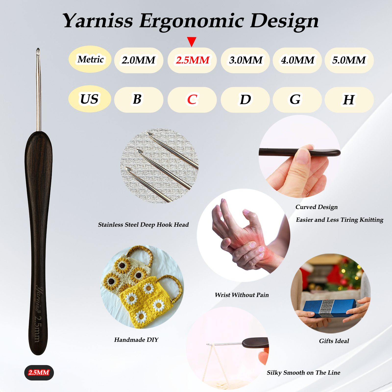 Yarniss 2.0 mm-5.0 mm Ergonomic Crochet Hook, Hand-Polished Crochet Hook, Suitable for Beginners and Experienced Enthusiasts