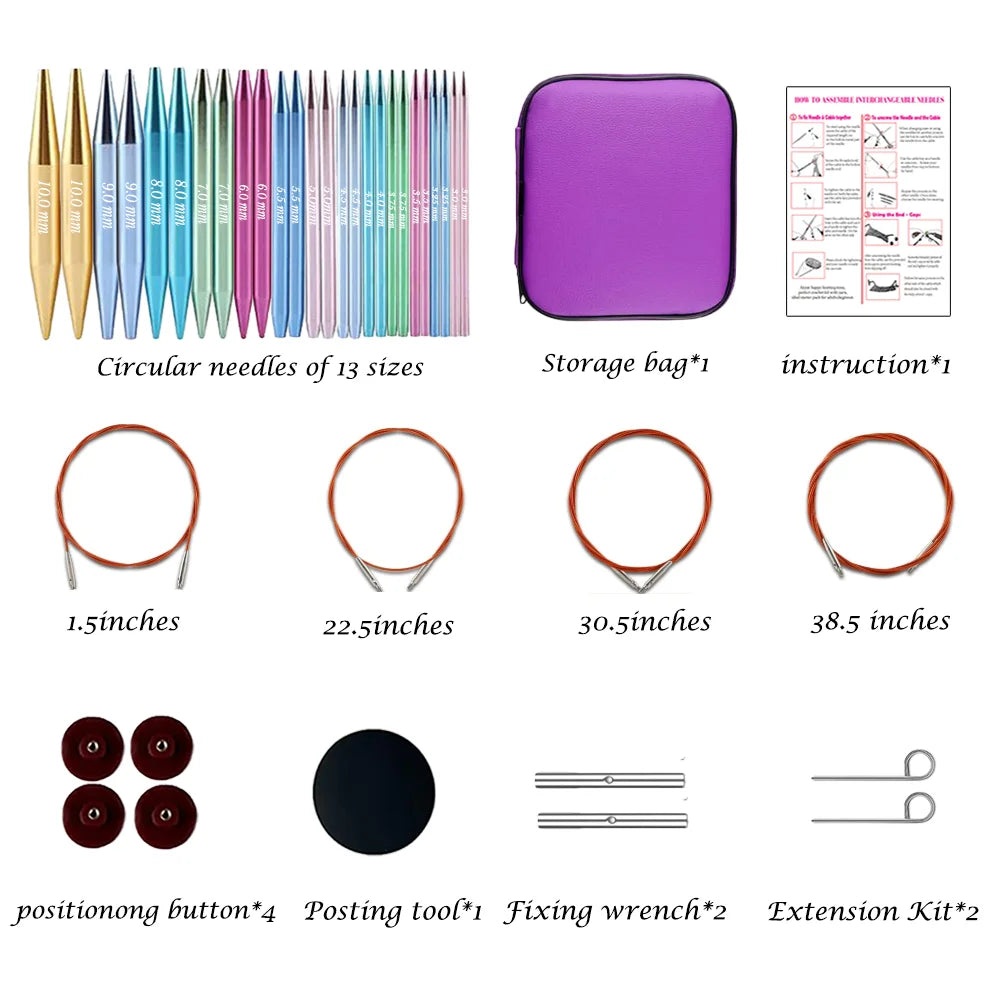 Yarniss 13 Pair Circular Knitting Needle Set 3.0~10.0mm, Interchangeable Aluminum Knitting Needles with Case