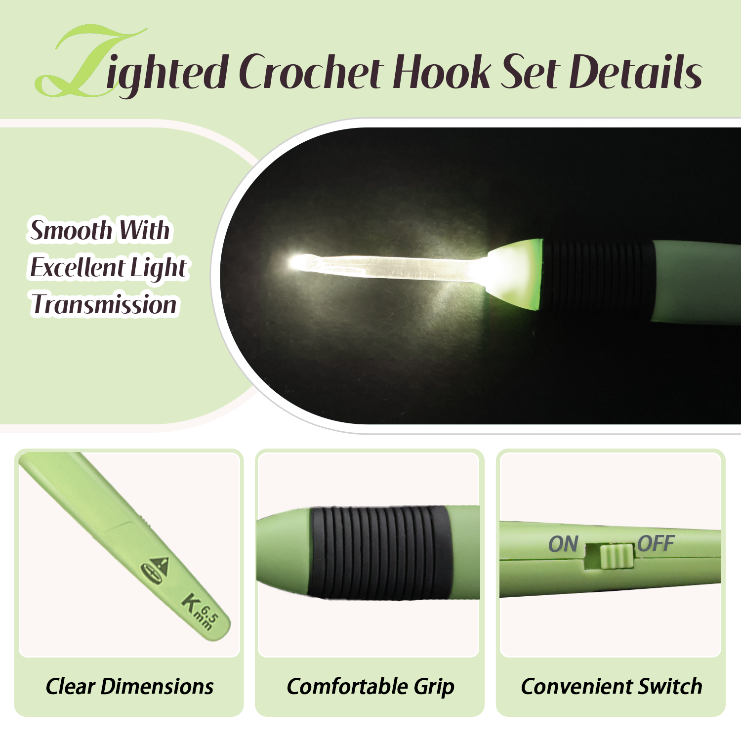 Yarniss Light Up Crochet Hook with Battery, Illuminated Crochet Hook with LED Light Including 5 Sizes 3.5mm, 4.5mm, 5.0mm, 5.5mm, and 6.5mm