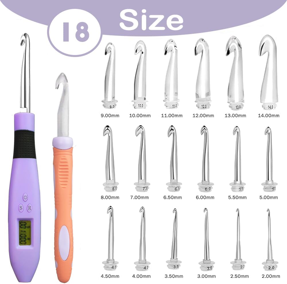 Yarniss 17 Size Lighted Crochet Hooks Set 2.5 mm to 14.0 mm, Plastic&Metal Rechargeable Light Up Crochet Hooks with Case