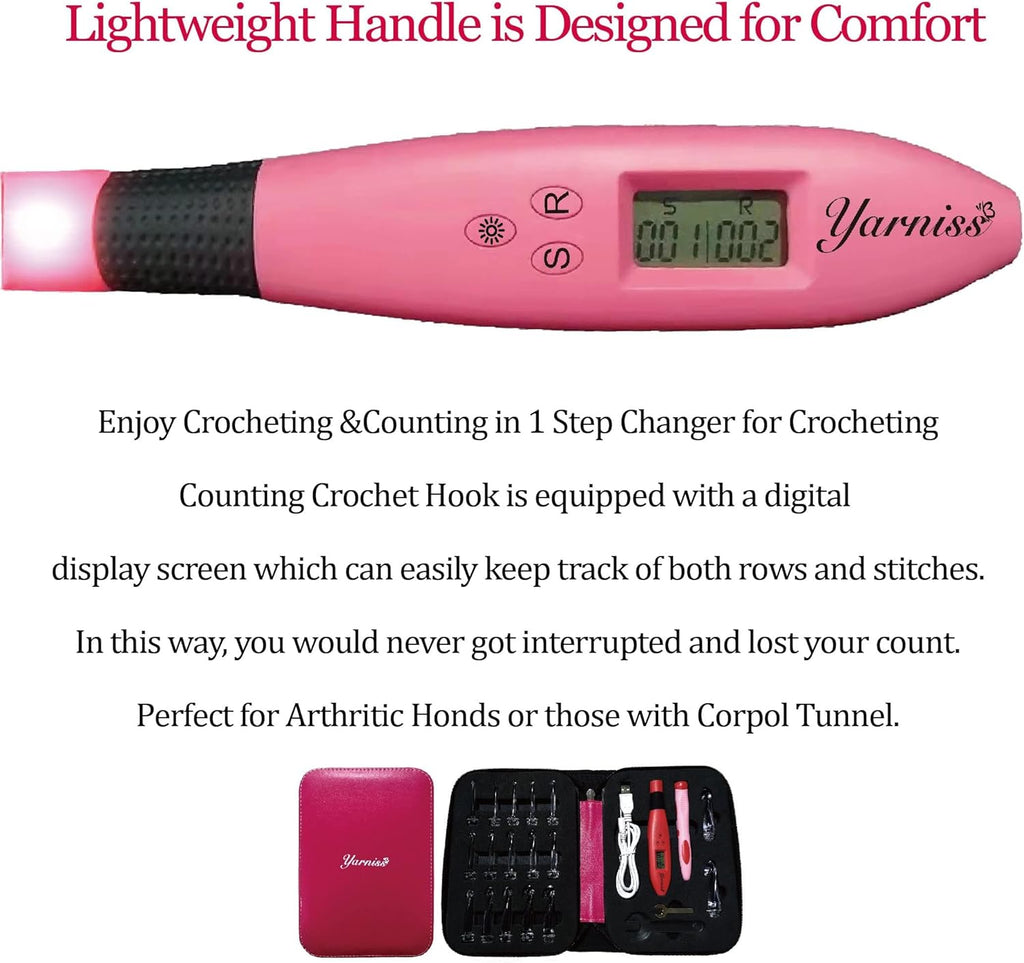 Yarniss 17 Size Lighted Crochet Hooks Set 2.5 mm to 14.0 mm, Plastic&Metal Rechargeable Light Up Crochet Hooks with Case