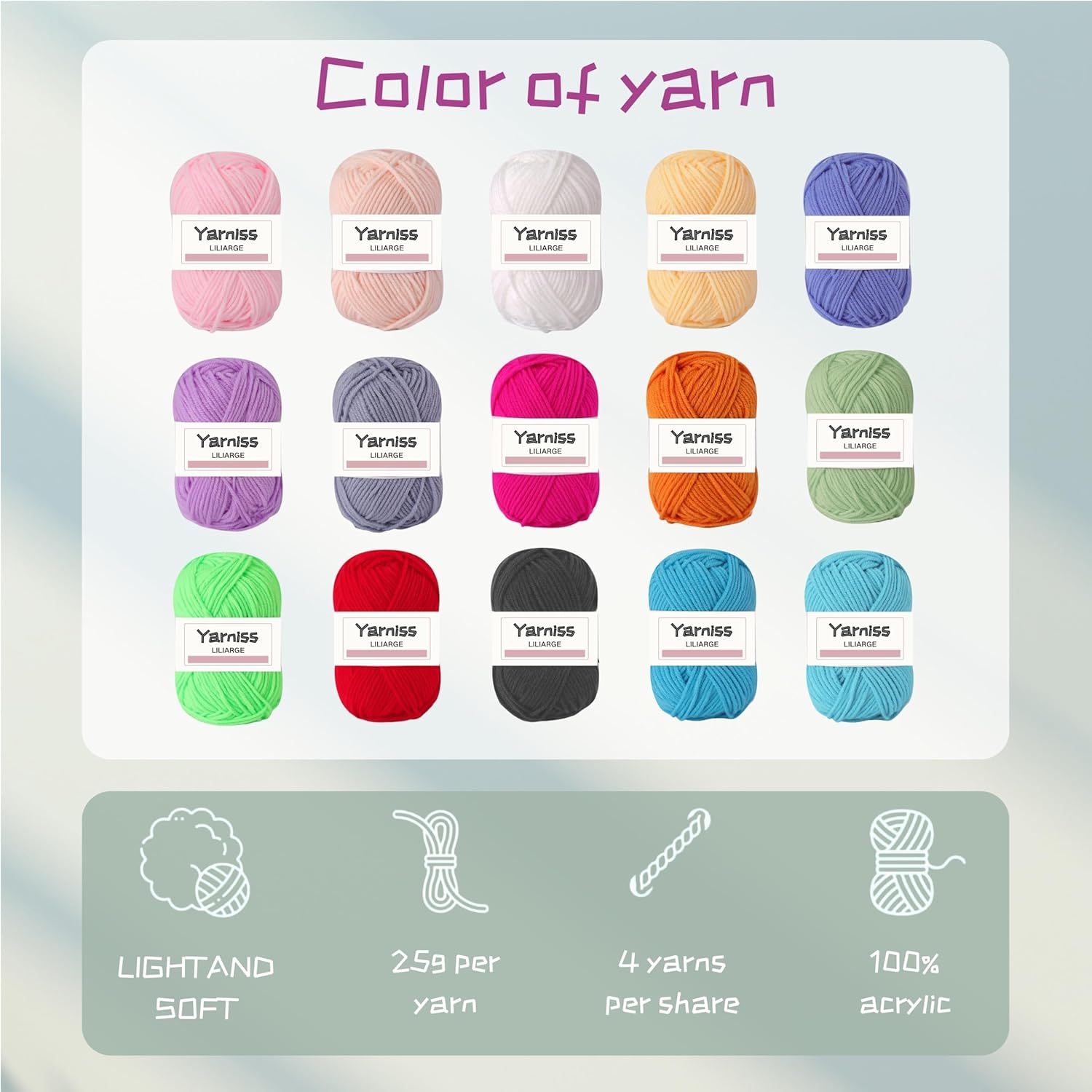 Yarniss Crochet Kit for Beginners with a Crochet Instruction,12 Ergoromic Crochet Hooks,15 Assorted Colors Yarn Balls and Crochet Accessories Set