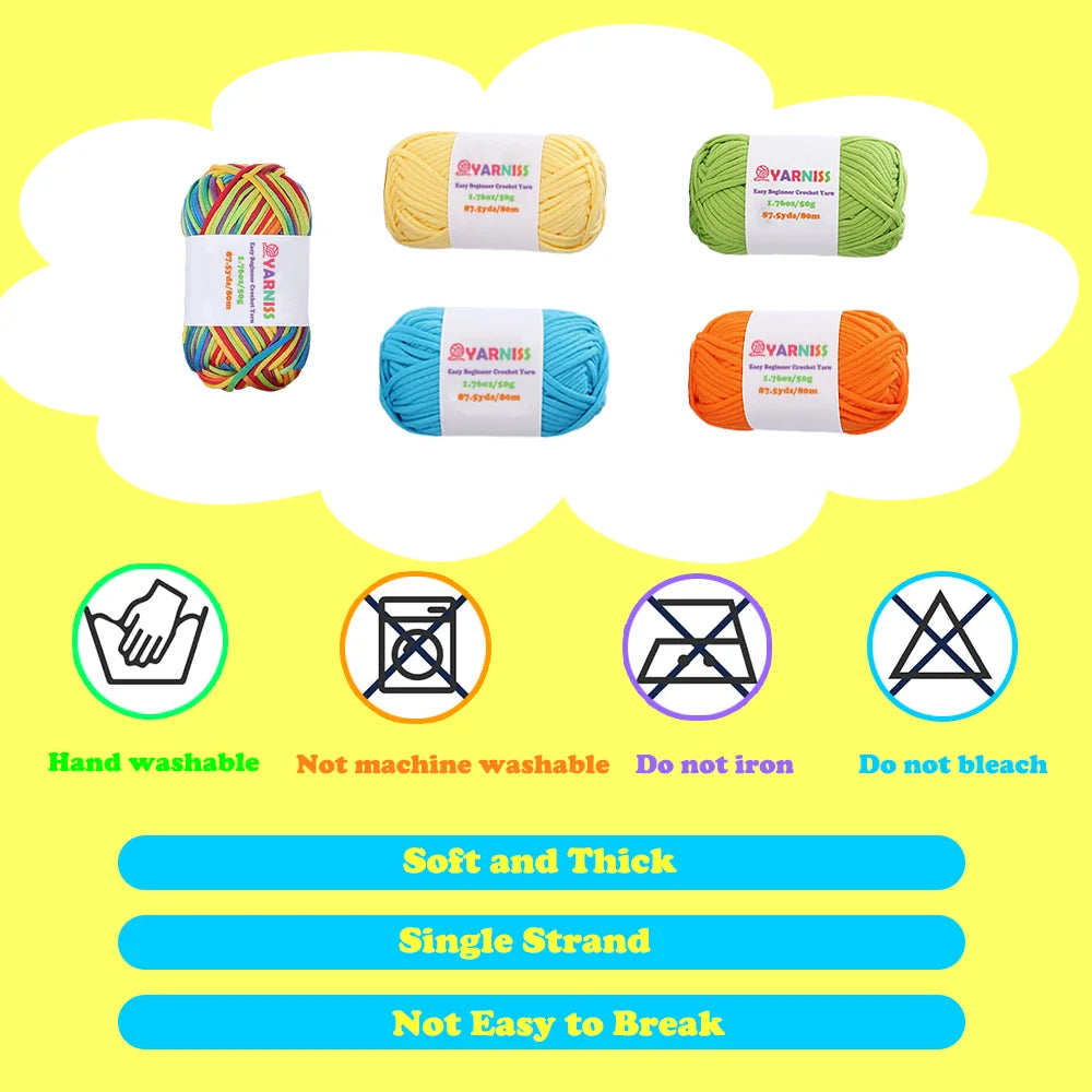 Yarniss Beginner Crochet Yarn – 5-Color Pack with Hook & Tools