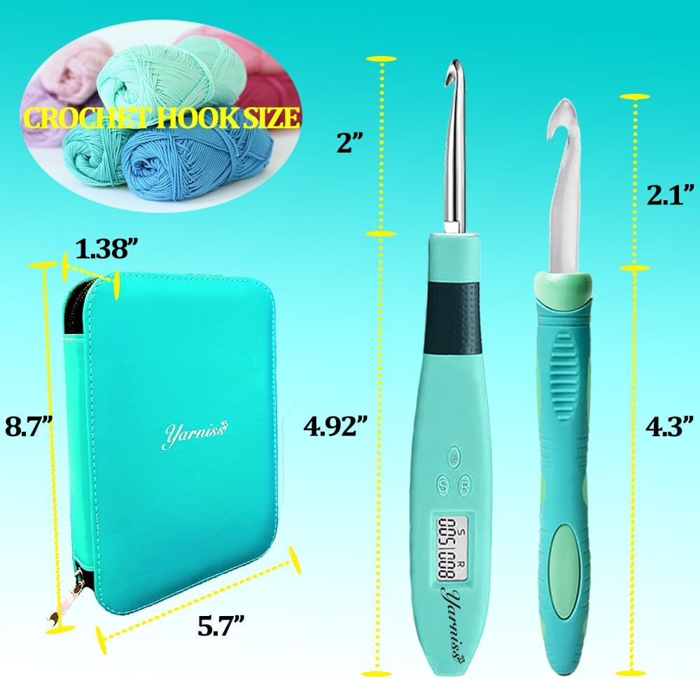 Yarniss 18 Size Counting Crochet Hooks with Light, Digital Counter Crochet Hooks Set with Case (2.0mm~14.0mm)