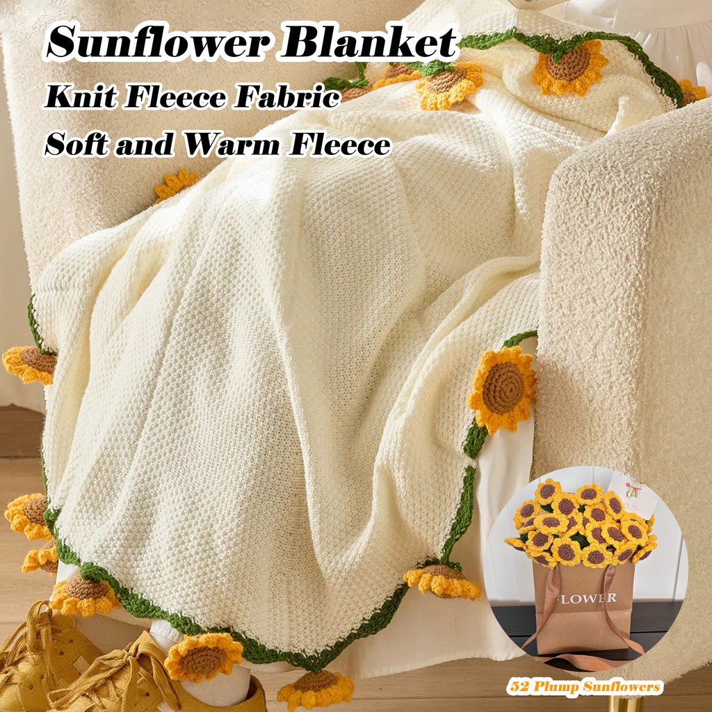 Yarniss Finished Crochet Sunflower Bouquet Blanket,49 Inch Round Sunflower Floral Knitted Gift,Hand Crocheting Blanket(52pcs Petals)