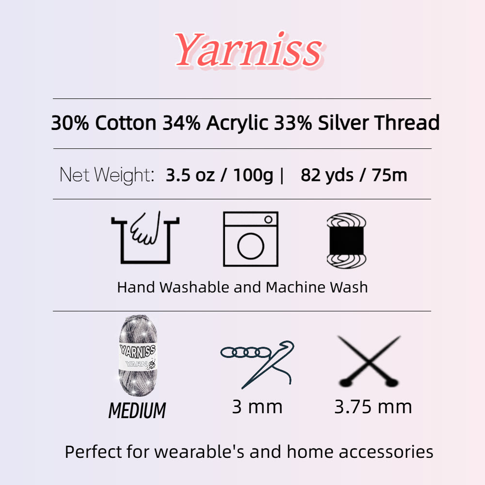 Yarniss Metallic Crochet Yarn for Knitting, 2.5mm Cotton Sparkle Yarn for Crochet Bag 3 Skeins of 100g/82yds(Black)