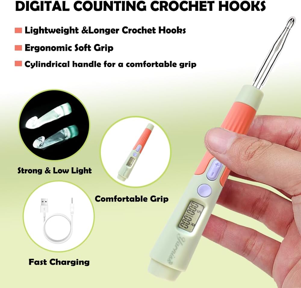 Yarniss Counting Crochet Hooks – 18 LED Sizes (2–14 mm) w/ Counter