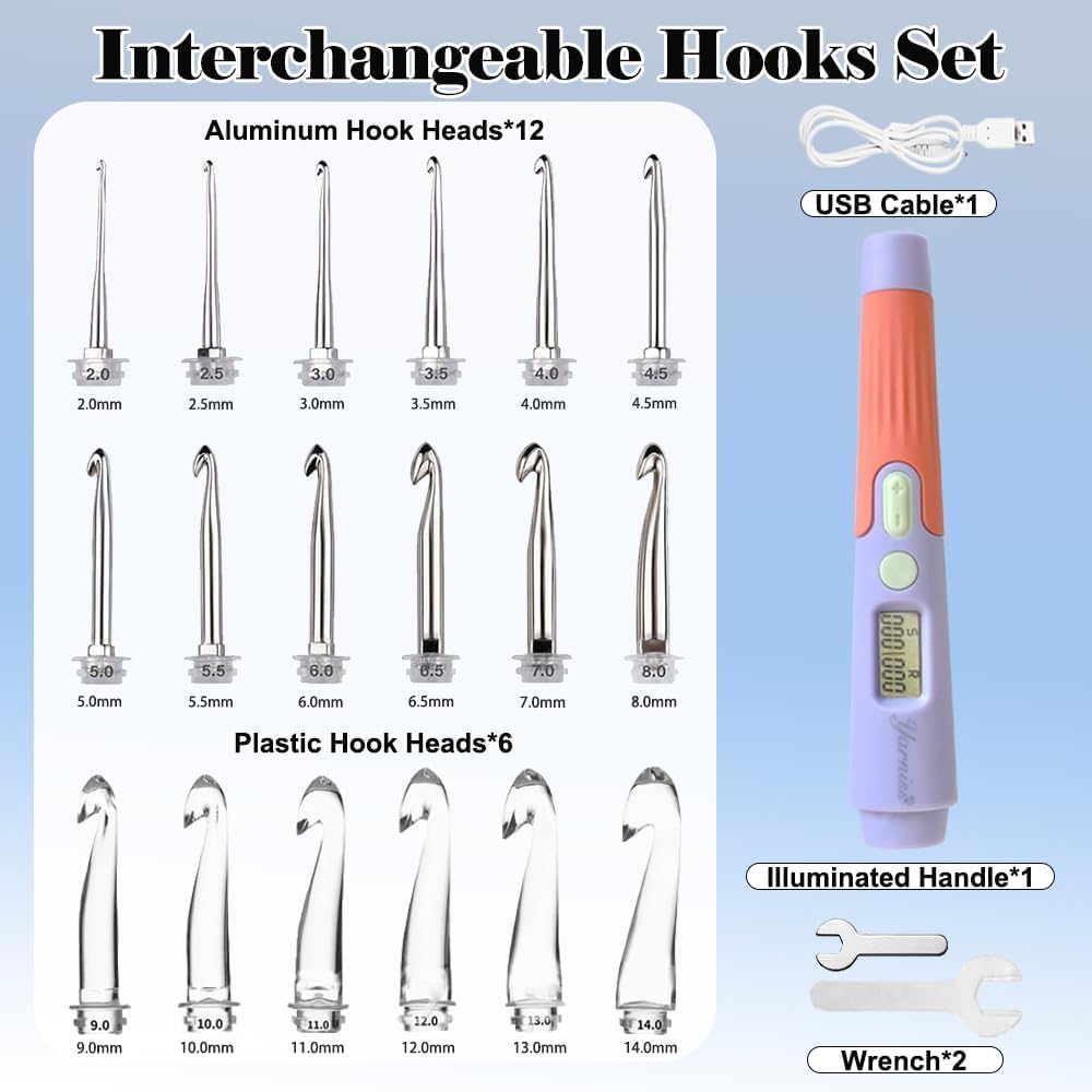 Yarniss Counting Crochet Hooks – 18 LED Sizes (2–14 mm) w/ Counter