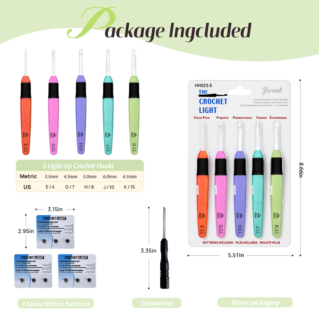 Yarniss Light Up Crochet Hook with Battery, Illuminated Crochet Hook with LED Light Including 5 Sizes 3.5mm, 4.5mm, 5.0mm, 5.5mm, and 6.5mm