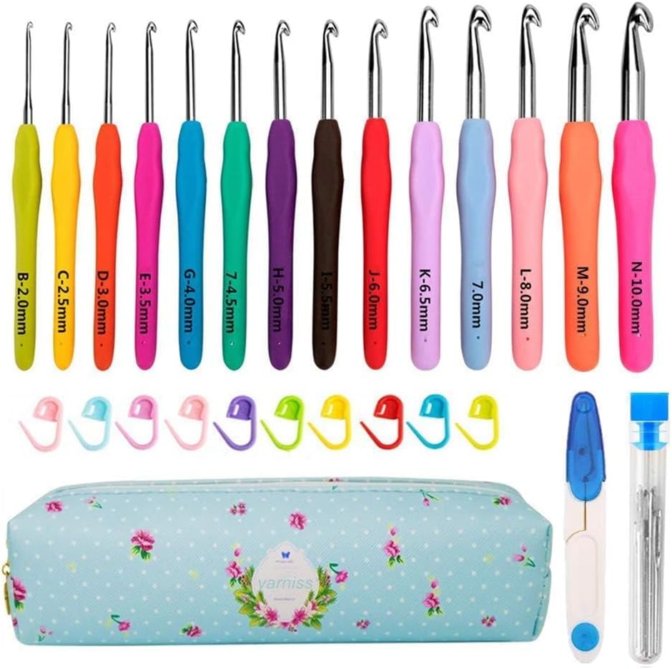 Yarniss 14 Size Crochet Hooks 2.0mm(B)-10.mm(N), Crochet Hook with Ergonomic Soft Grip