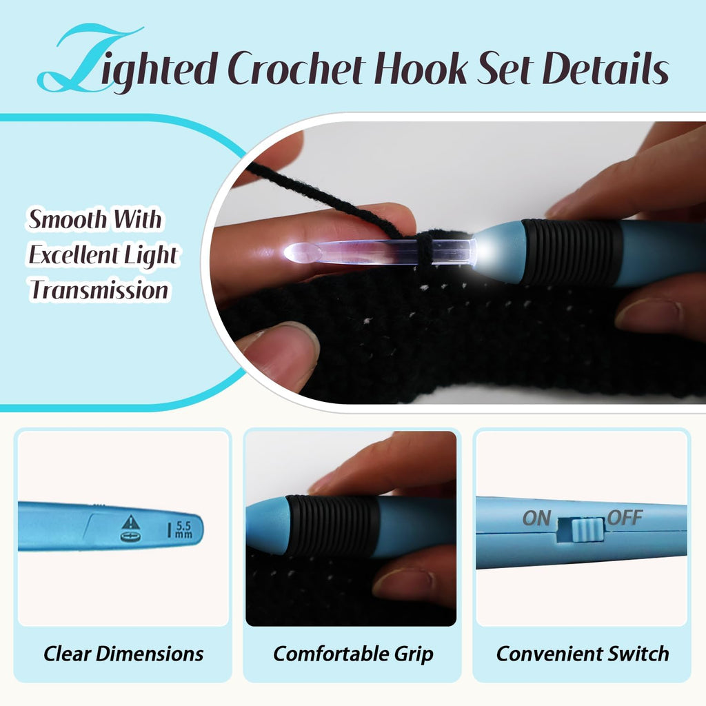 Yarniss Lighted Crochet Hook,4.0mm Crochet Hook Glow in Dark with Battery,Dark Red