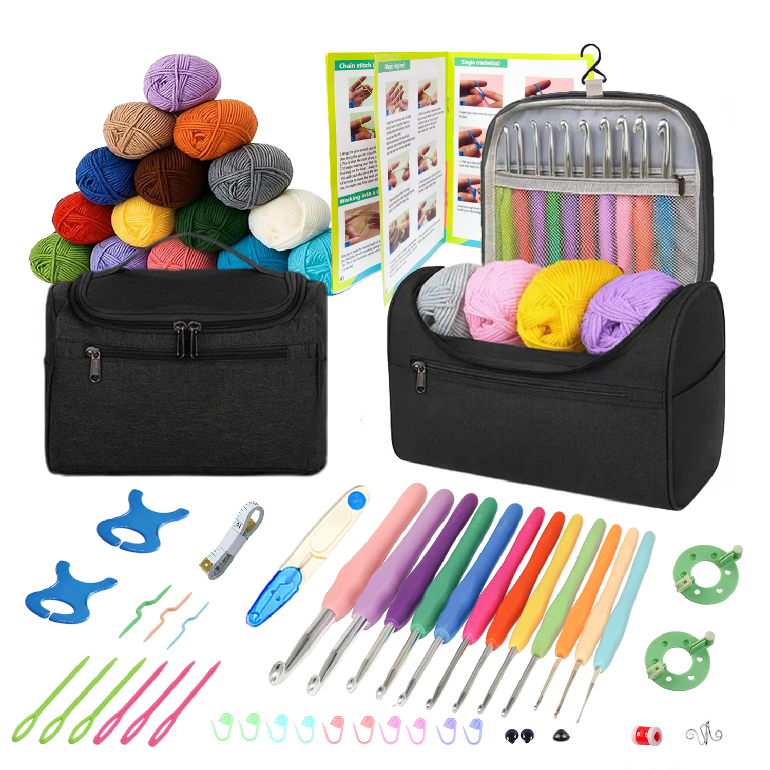 Yarniss Crochet Kit for Beginners with a Crochet Instruction,12 Ergoromic Crochet Hooks,15 Assorted Colors Yarn Balls and Crochet Accessories Set