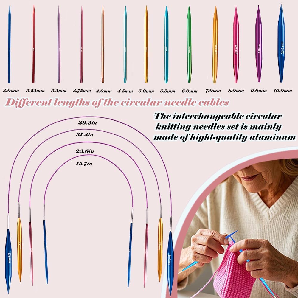 Yarniss Circular Knitting Needles – 13 Pairs, 3-10 mm Interchangeable