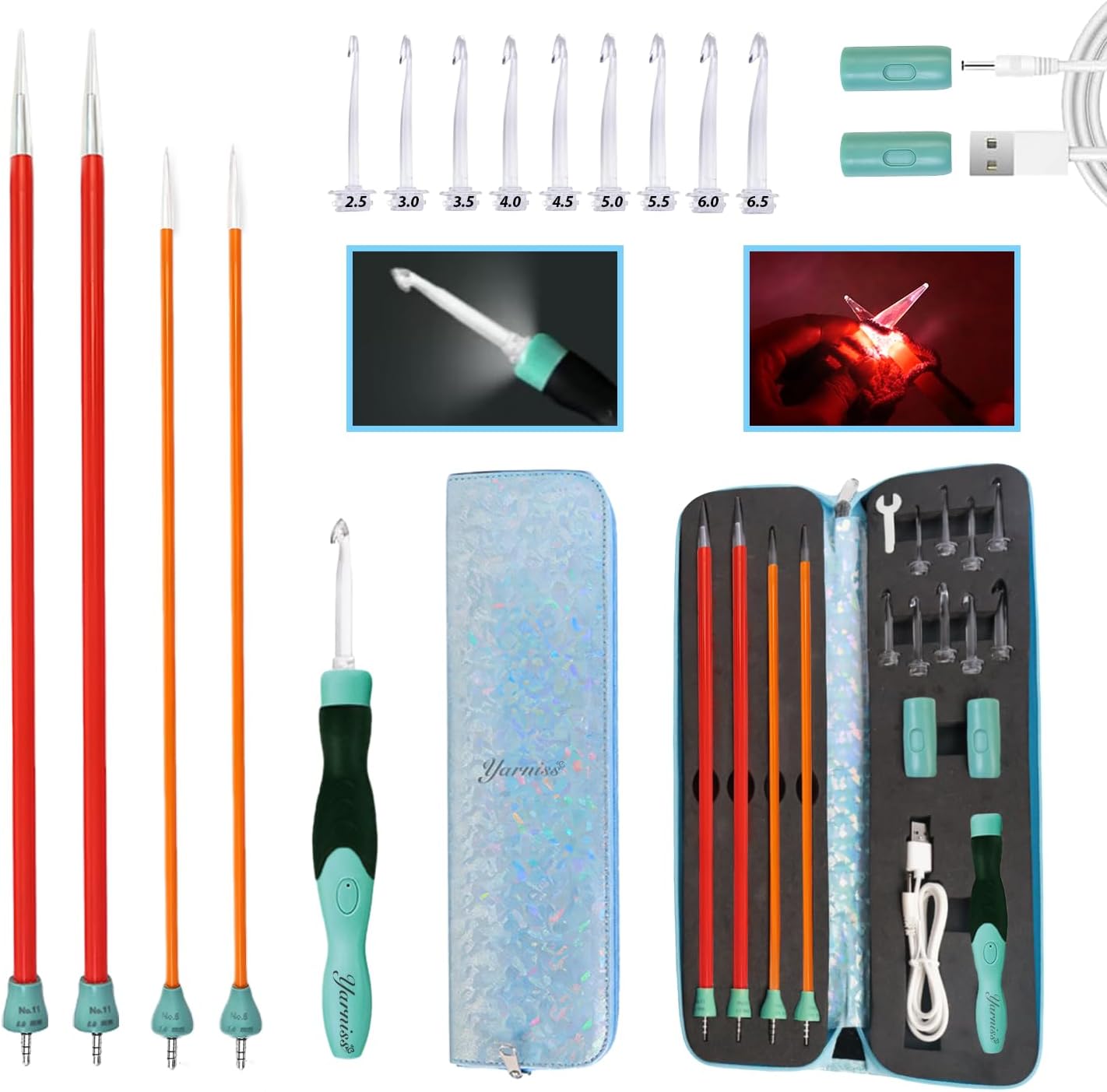 Yarniss 13-Piece Light Up Crochet Hooks 2.5-6.5mm,2 Size Lighted