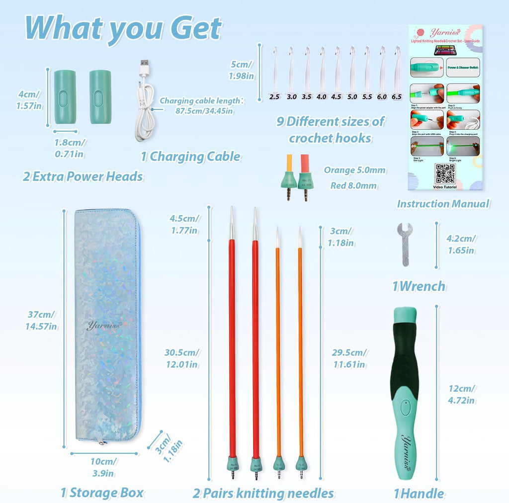 Yarniss 13-Piece Light Up Crochet Hooks 2.5-6.5mm,2 Size Lighted Knitting Needles Set 5.0mm 8.0mm, Includes 2 Extra USB Rechargeable Headswith Case