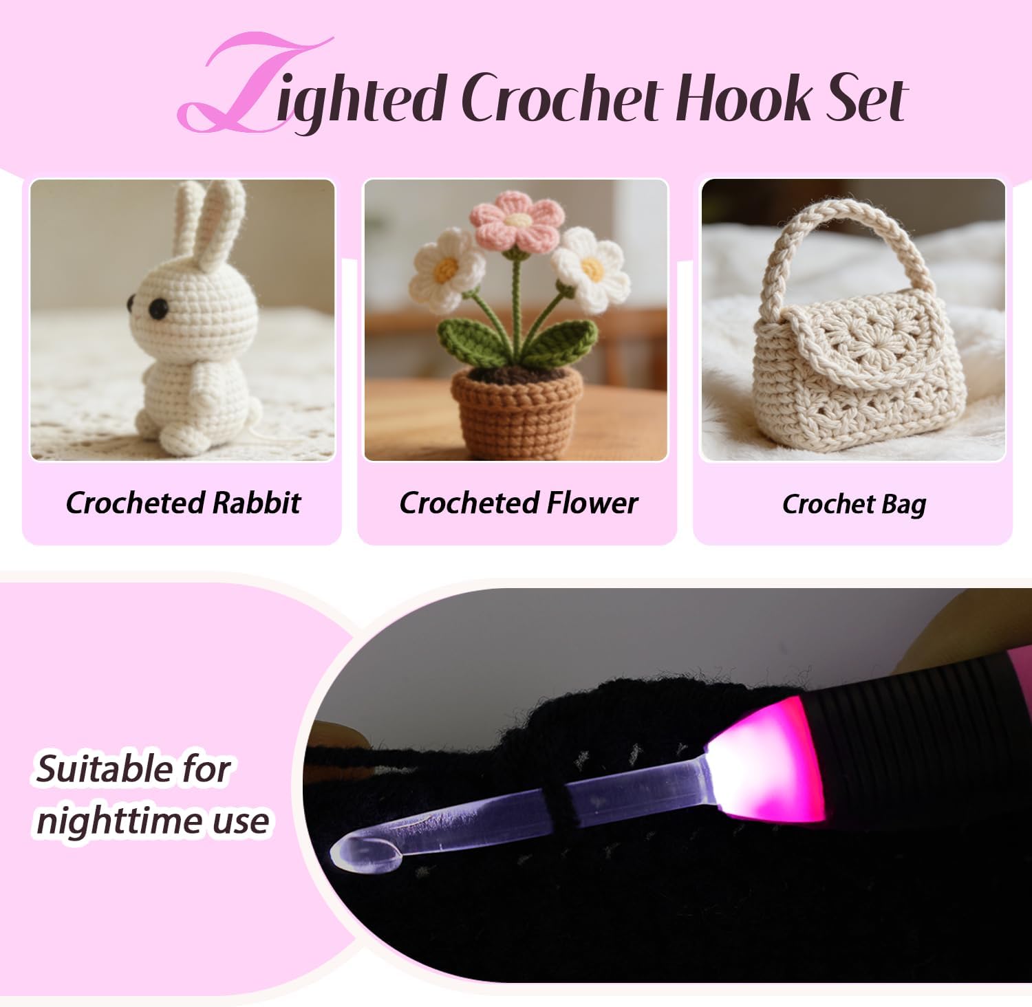 Yarniss Lighted Crochet Hook,4.0mm Crochet Hook Glow in Dark with Battery,Dark Red