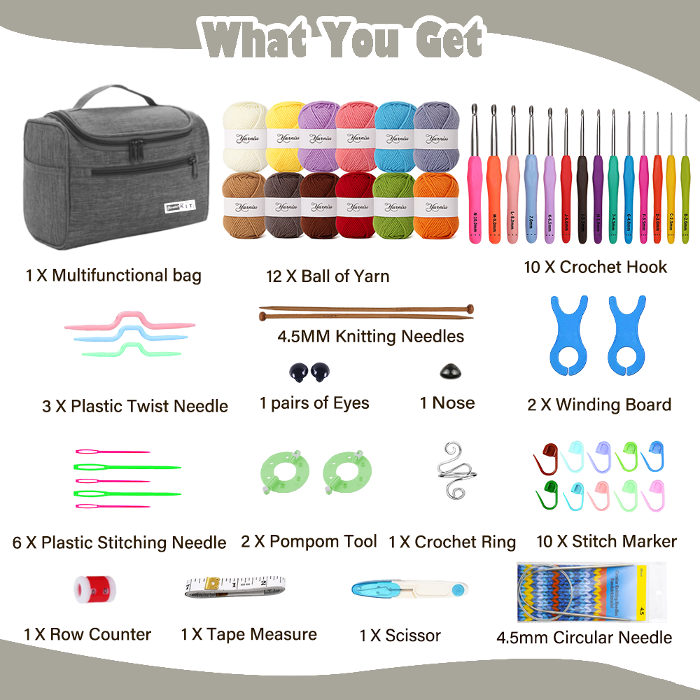 Yarniss Crochet Kits for Beginners with Instruction, All-Inclusive Crochet Set Include 840 Yards Yarn&14 Sizes Crochet Hooks, Crocheting Kit for Adult with Bag,Purple