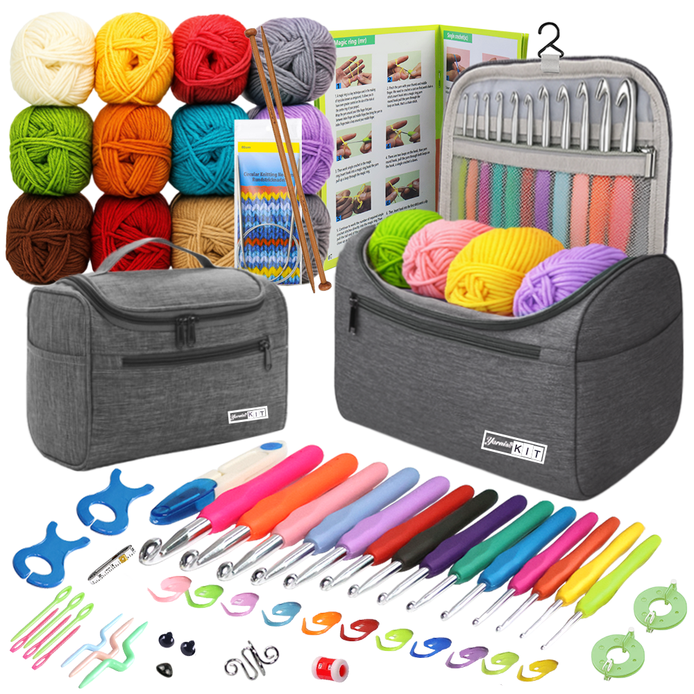 Yarniss Crochet Kits for Beginners with Instruction, All-Inclusive Crochet Set Include 840 Yards Yarn&14 Sizes Crochet Hooks, Crocheting Kit for Adult with Bag,Purple