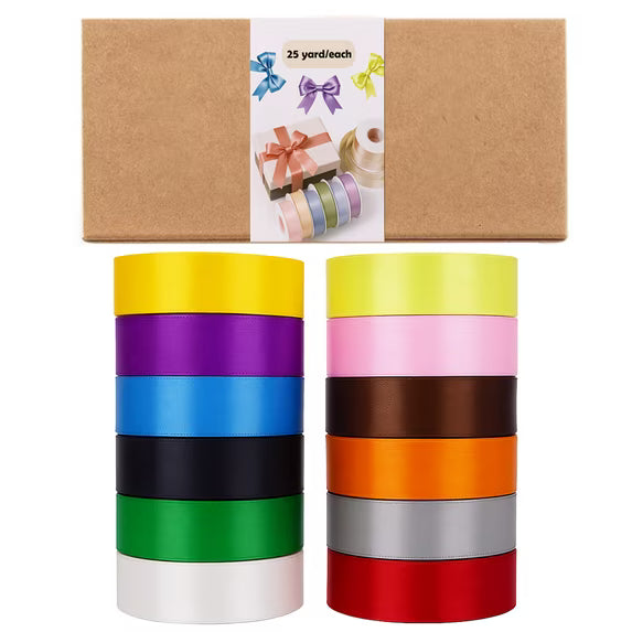 Yarniss 1 Inch Satin Ribbon Assorted Colors 12 Rolls 300 Yards - 25 Yards/Roll, Ribbons for Crafts Party Wedding Decor