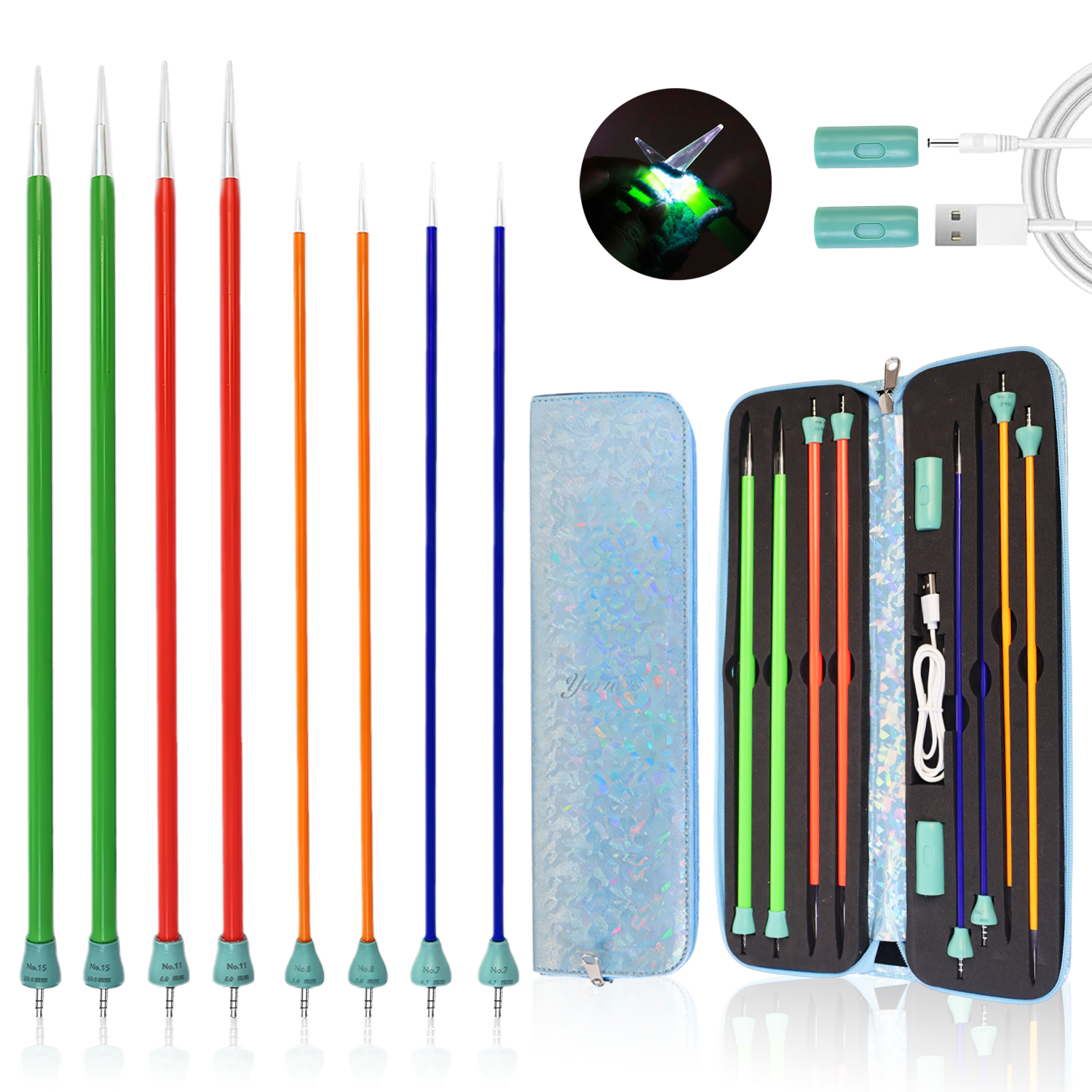Yarniss Light Up Knitting Needles Set with Case, 4 Pairs Rechargeable Knitting Needle with 2 Replacement Light Heads 4.5mm 5.0mm 8.0mm 10.mm